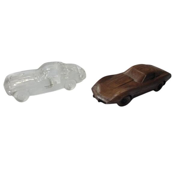 🚗 Vintage Glass Corvette & Wooden Corvette Sports Car Figurines Lot of 2 - Picture 1 of 5